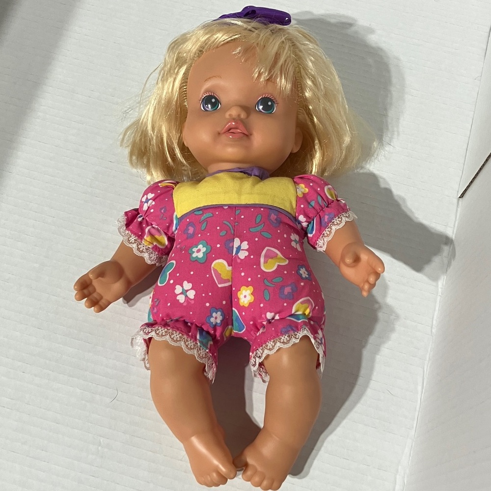 1995 Kenner Baby Go Bye Bye Pink Floral Doll with Blonde Hair -non working sound